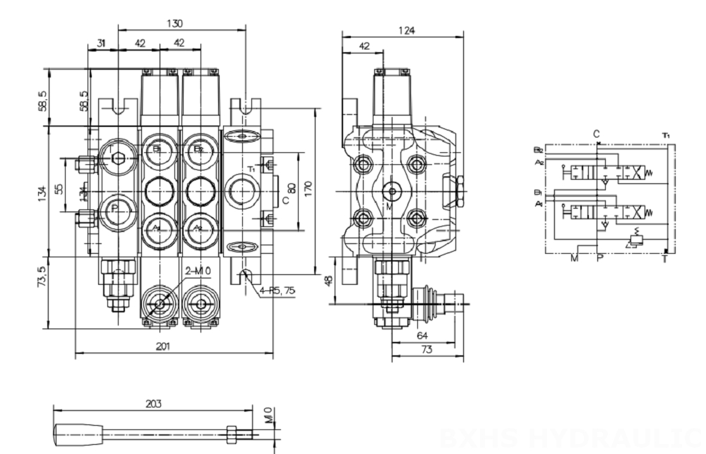 DCV100 수동 2 스풀 구역 방향 밸브 drawing image