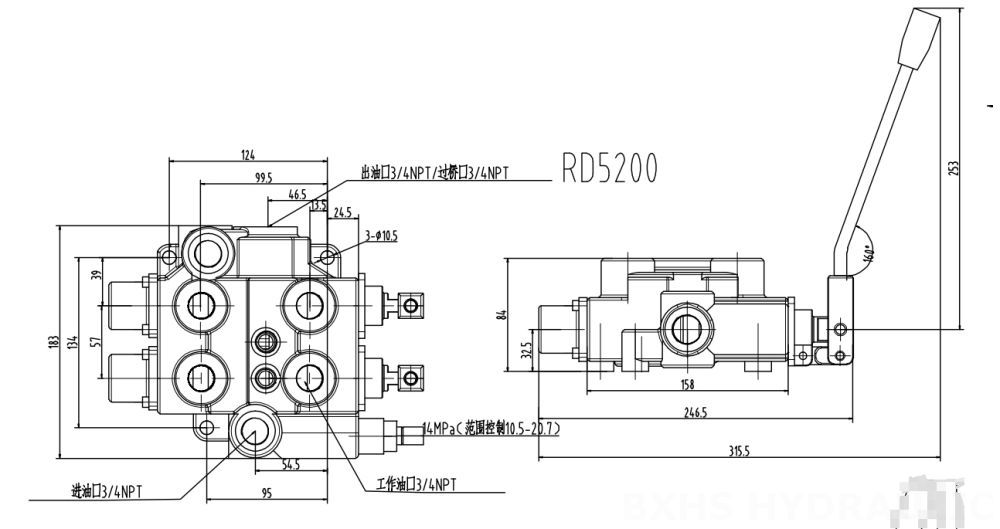 RD5200 수동 2 스풀 유압 제어 밸브 drawing image