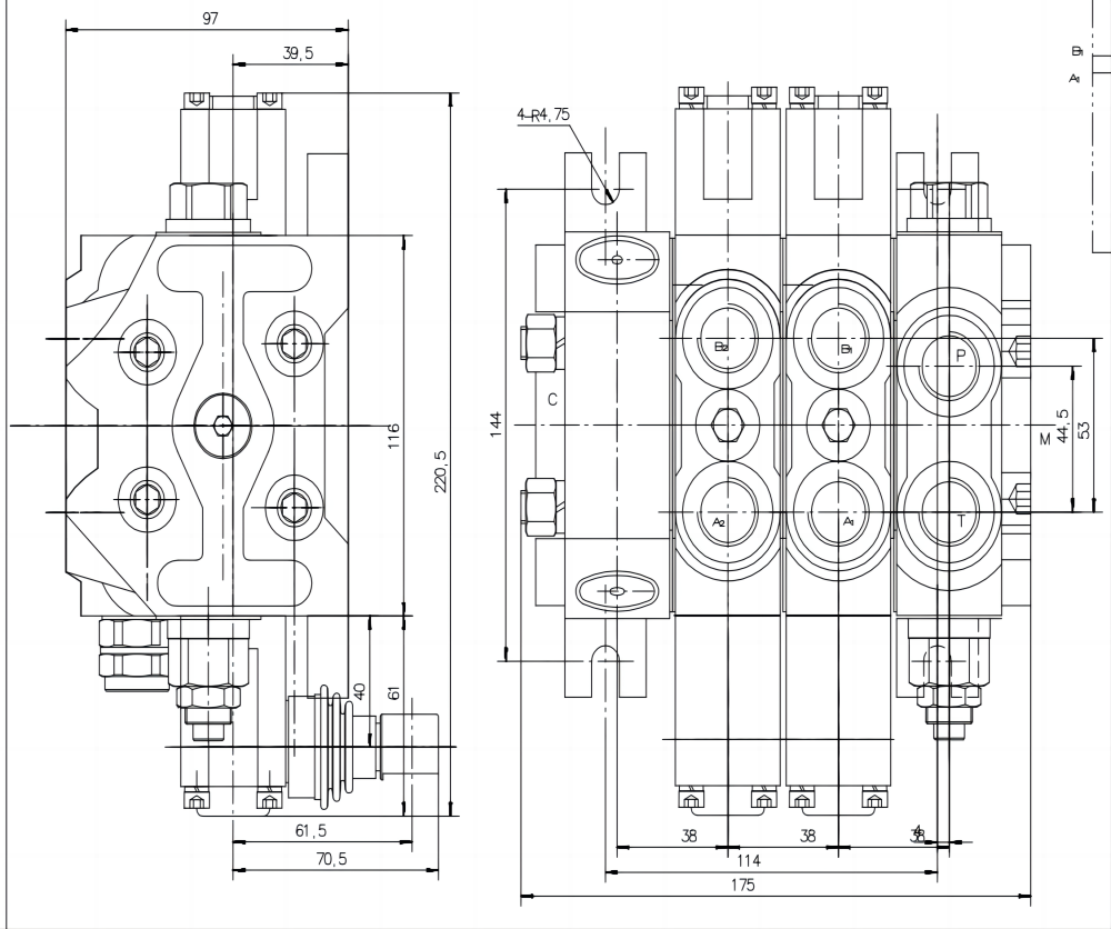 DCV60 수동 2 스풀 구역 방향 밸브 drawing image