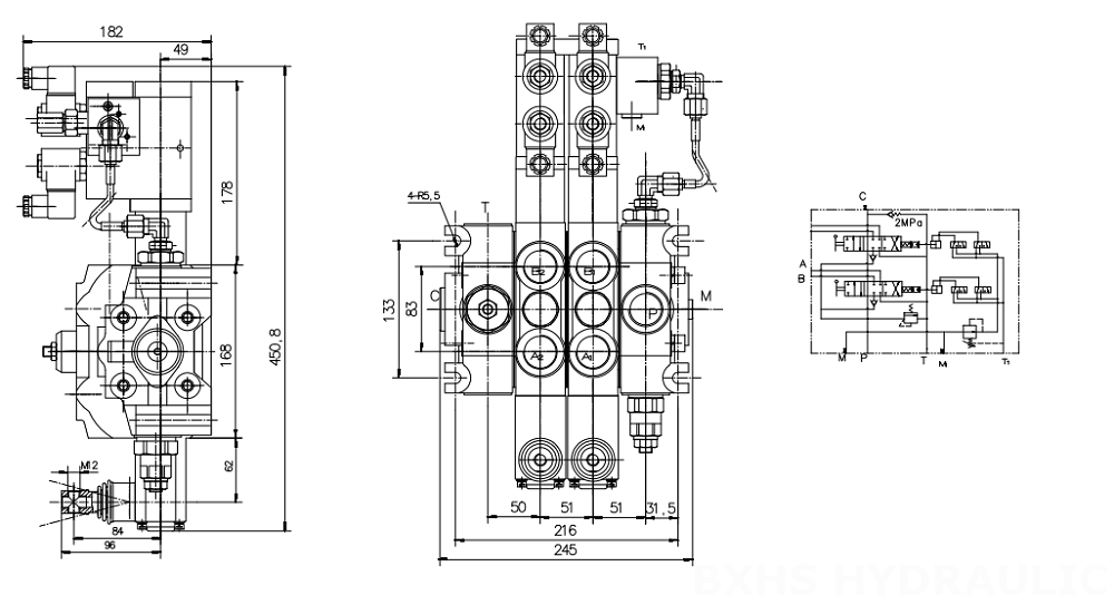 DCV200 전기 유압 2 스풀 구역 방향 밸브 drawing image