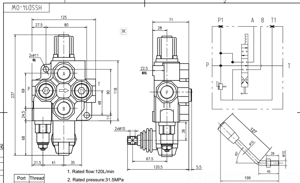 SD14 수동 1 스풀 일체형 방향 밸브 drawing image