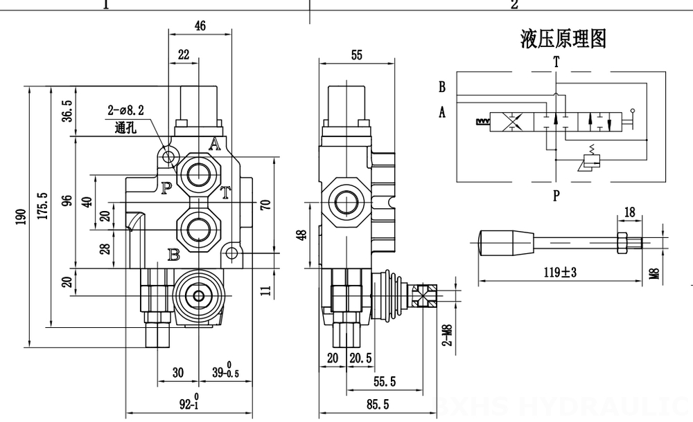 SD4 수동 1 스풀 일체형 방향 밸브 drawing image