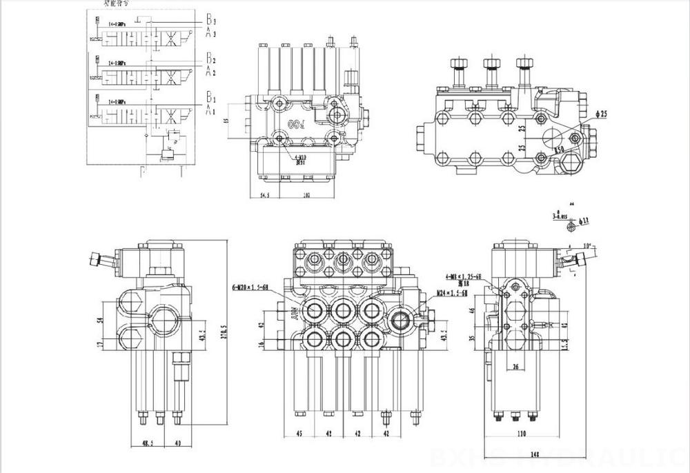 MP80 수동 3 스풀 유압 분배기 drawing image