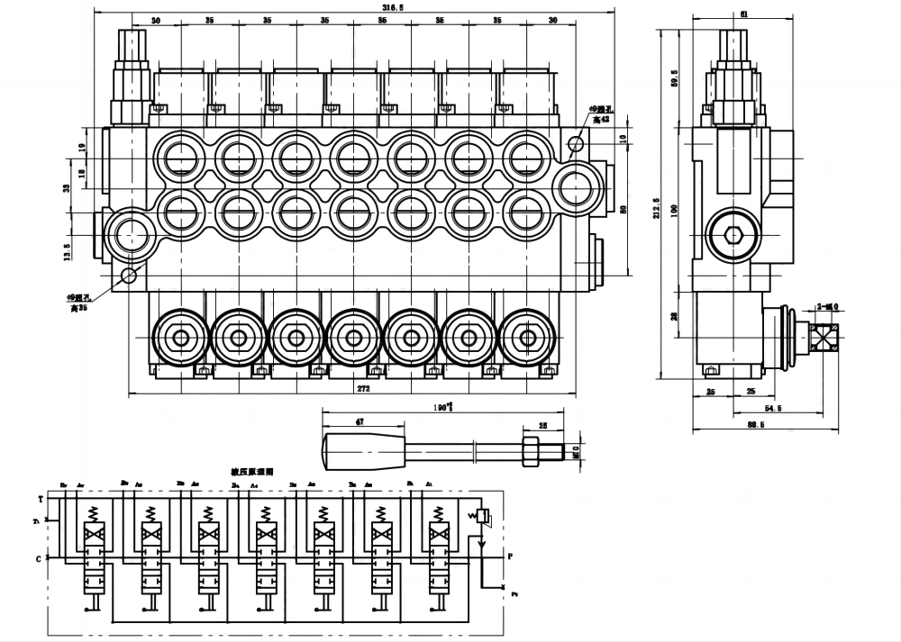 P40-U78 수동 7 스풀 일체형 방향 밸브 drawing image