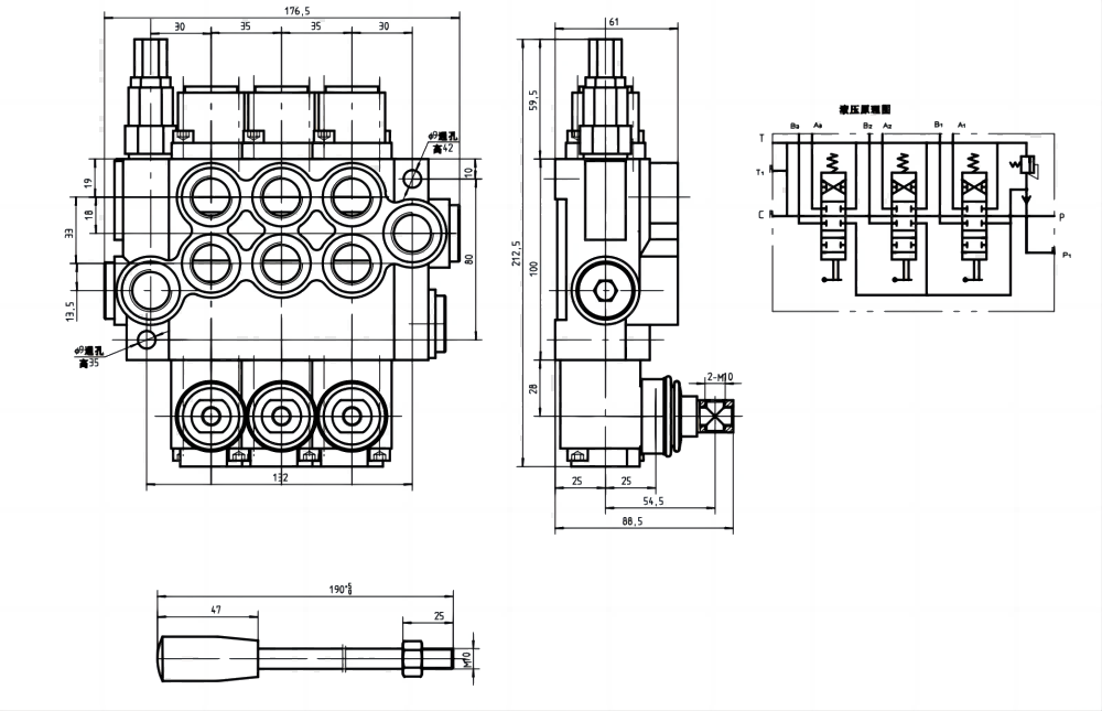 P40-G38-G12-OT 수동 3 스풀 일체형 방향 밸브 drawing image