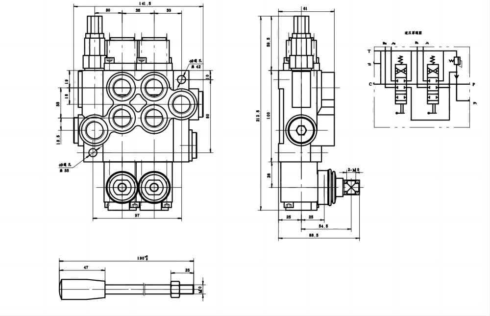 P40-G12 수동 2 스풀 일체형 방향 밸브 drawing image