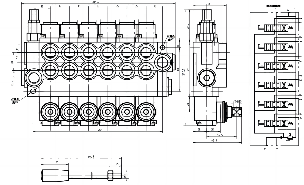 P40-U34 수동 6 스풀 일체형 방향 밸브 drawing image