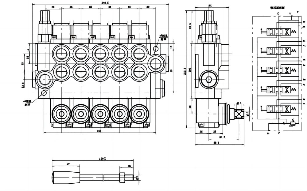 P40-U78 수동 5 스풀 일체형 방향 밸브 drawing image