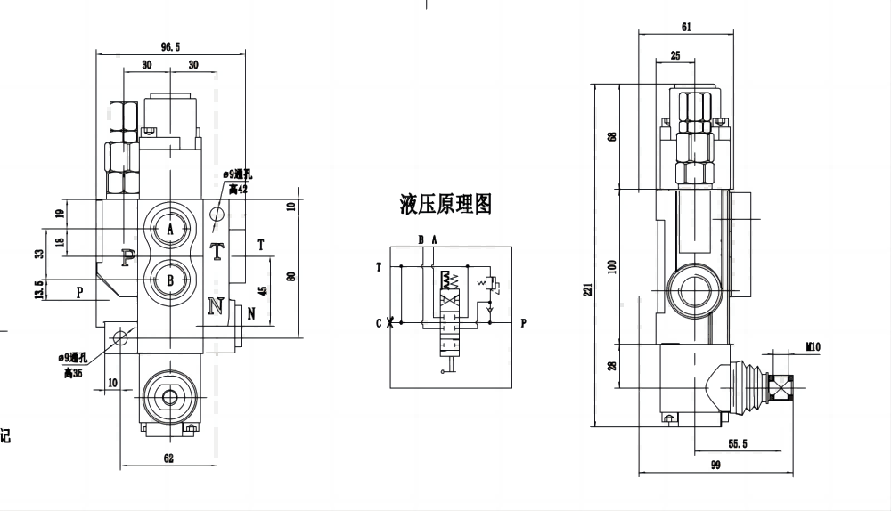 P40-G12-G38-OTW 수동 1 스풀 일체형 방향 밸브 drawing image