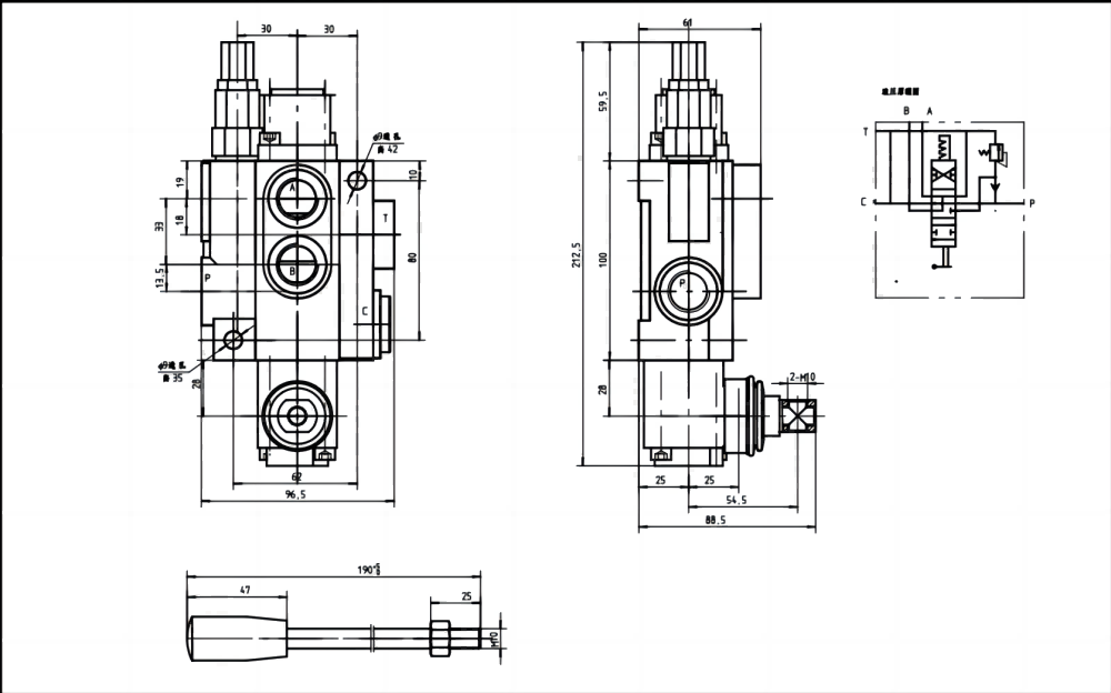 P40-G12-YW 수동 1 스풀 일체형 방향 밸브 drawing image