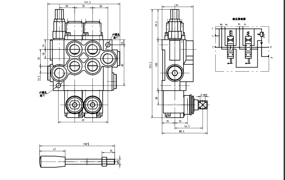 P40-U78-U34-OT-YW 수동 2 스풀 일체형 방향 밸브 drawing image