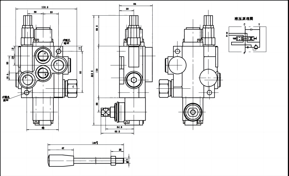 P40J 수동 1 스풀 일체형 방향 밸브 drawing image