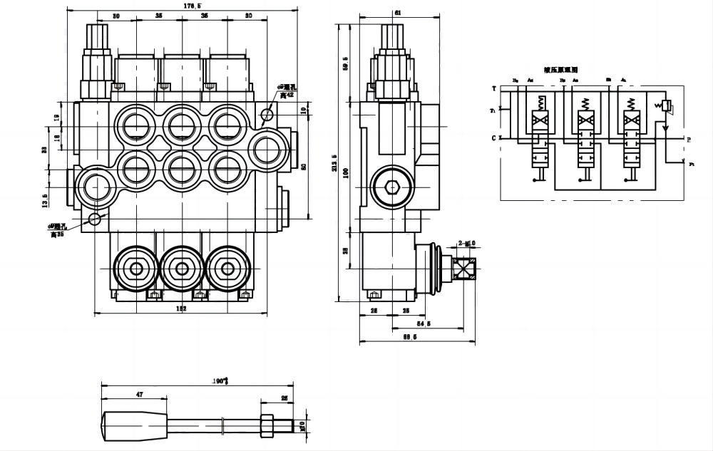 P40-U78-U34-2OT-YW 수동 3 스풀 일체형 방향 밸브 drawing image