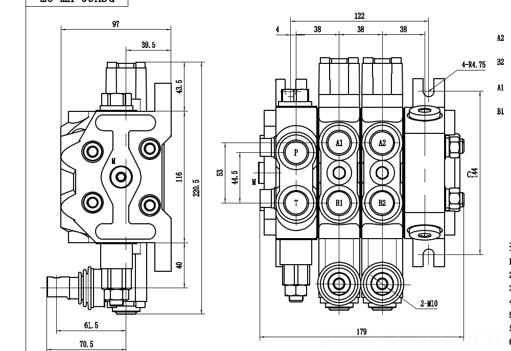 DCV60-Double control 수동 2 스풀 구역 방향 밸브 drawing image