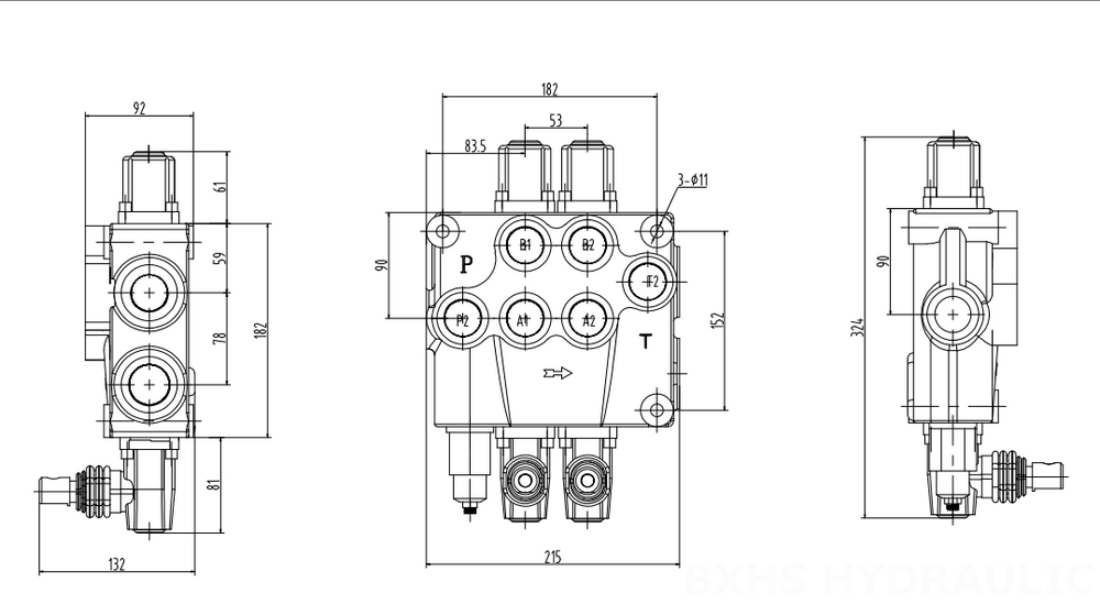 P120-G34-G1-OT 수동 2 스풀 일체형 방향 밸브 drawing image