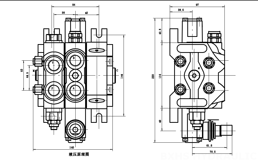 DCV60-G34 유압 1 스풀 구역 방향 밸브 drawing image