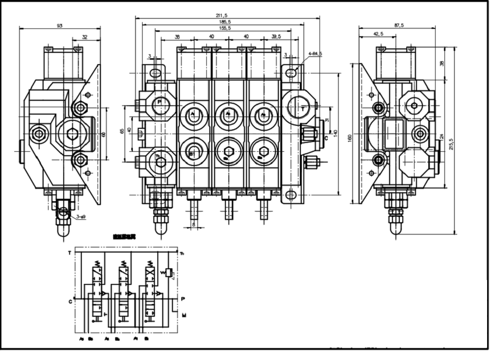 HSDS15 수동 3 스풀 일체형 방향 밸브 drawing image