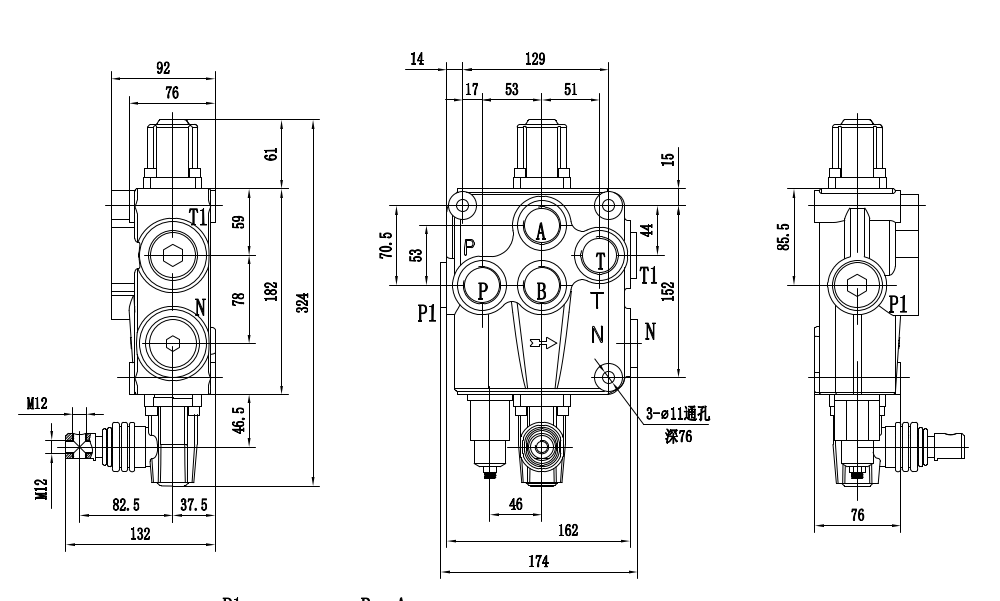 P120-G1-OT 수동 1 스풀 일체형 방향 밸브 drawing image