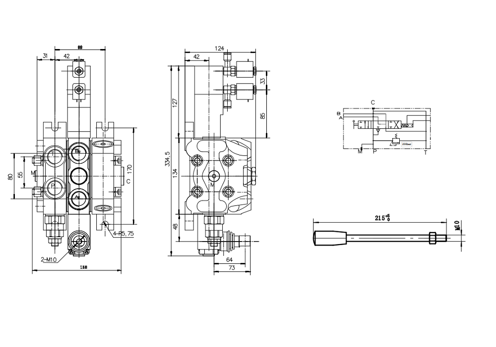 DCV100 공압 1 스풀 구역 방향 밸브 drawing image