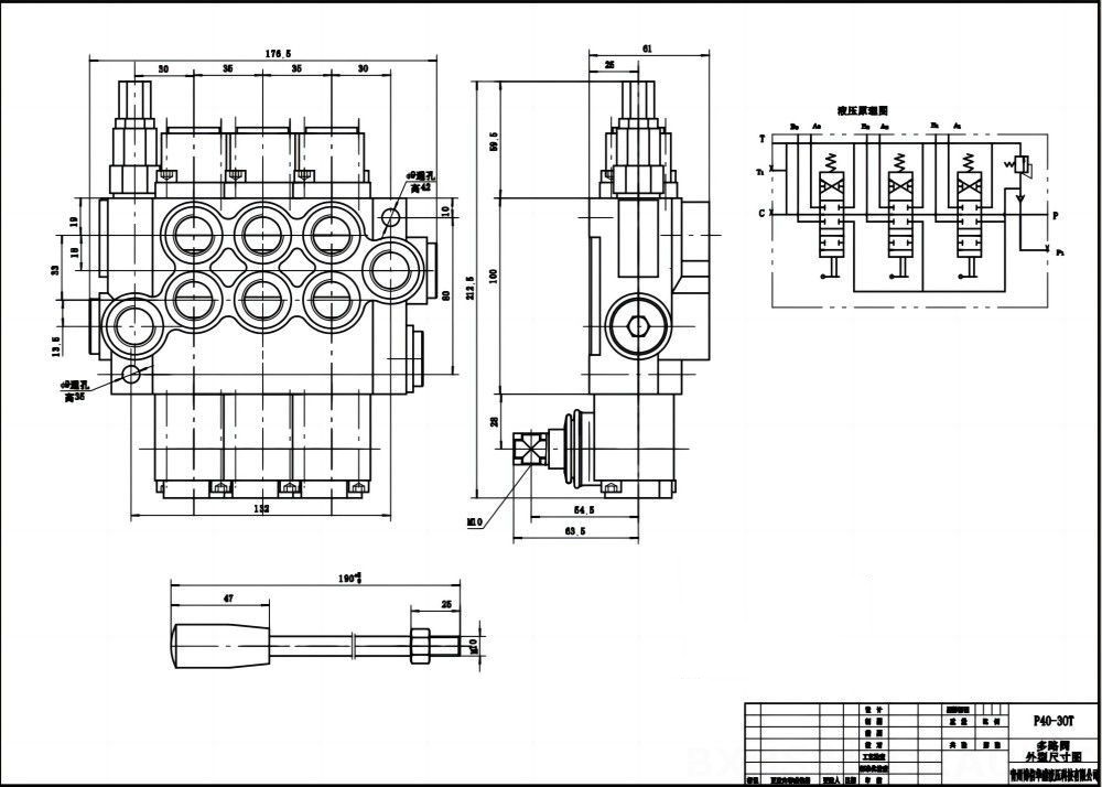 P40-G12-G38 수동 3 스풀 일체형 방향 밸브 drawing image