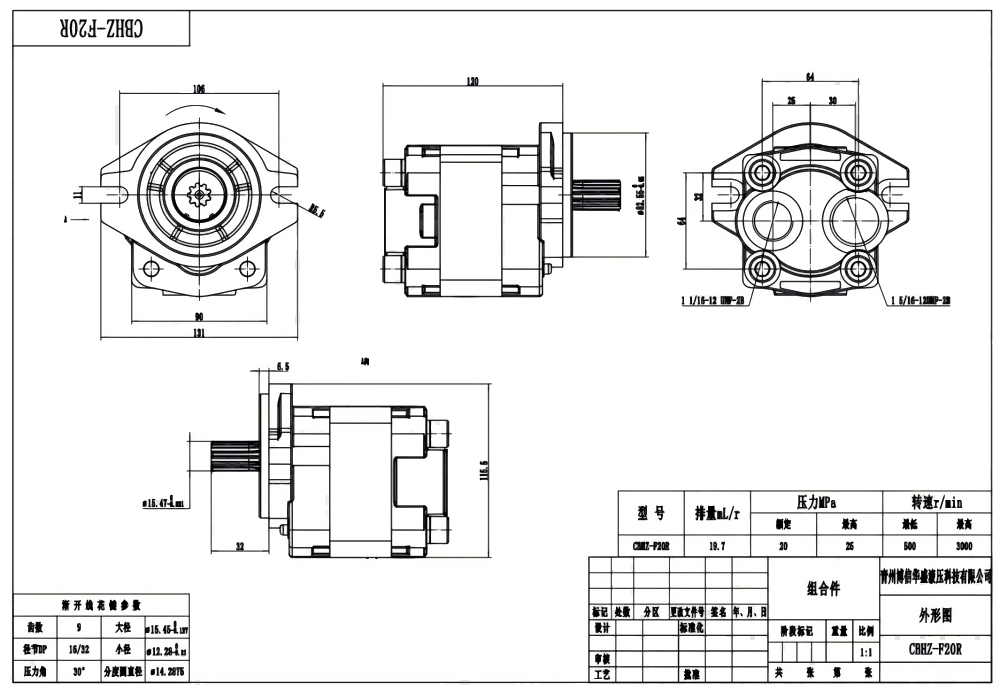 CBHZ-F20R 19.7 cc/rev 유압 기어 펌프 drawing image