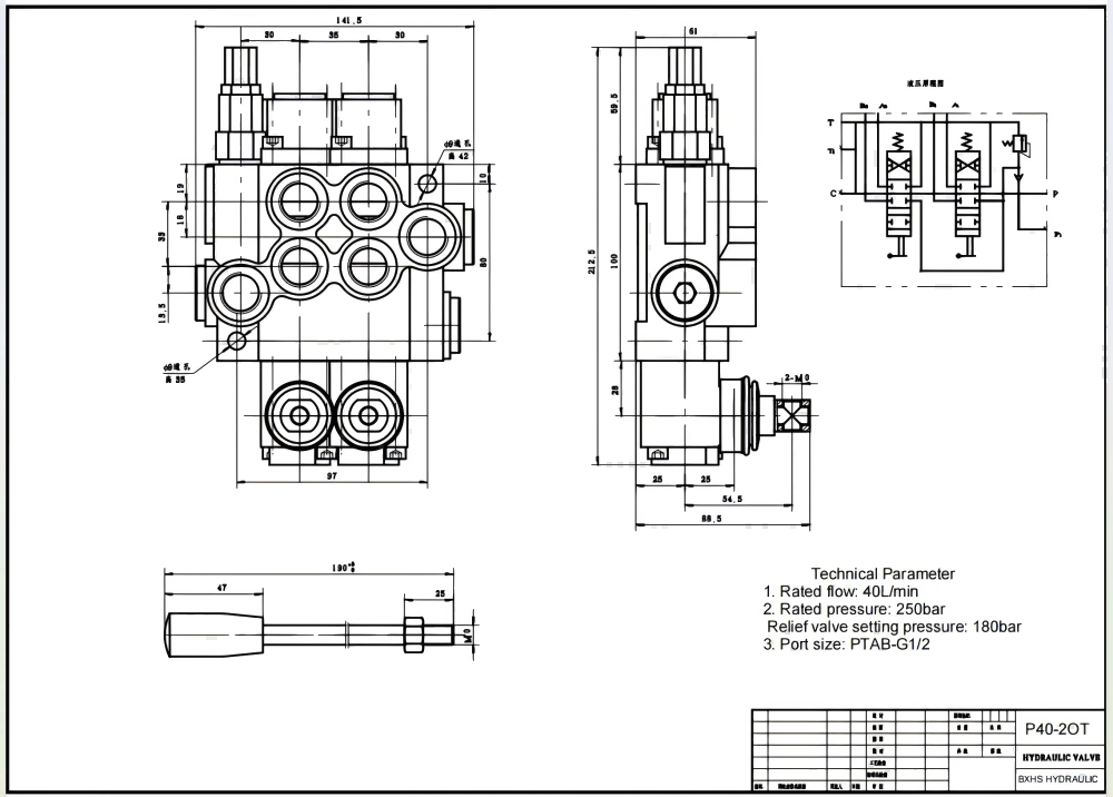 P40-XNHJ 수동 2 스풀 모노블럭 방향 제어 밸브 drawing image
