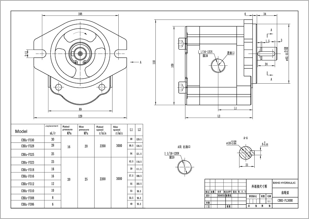 CBHS-FL-316 1회전당 16cc 유압 기어 펌프 drawing image