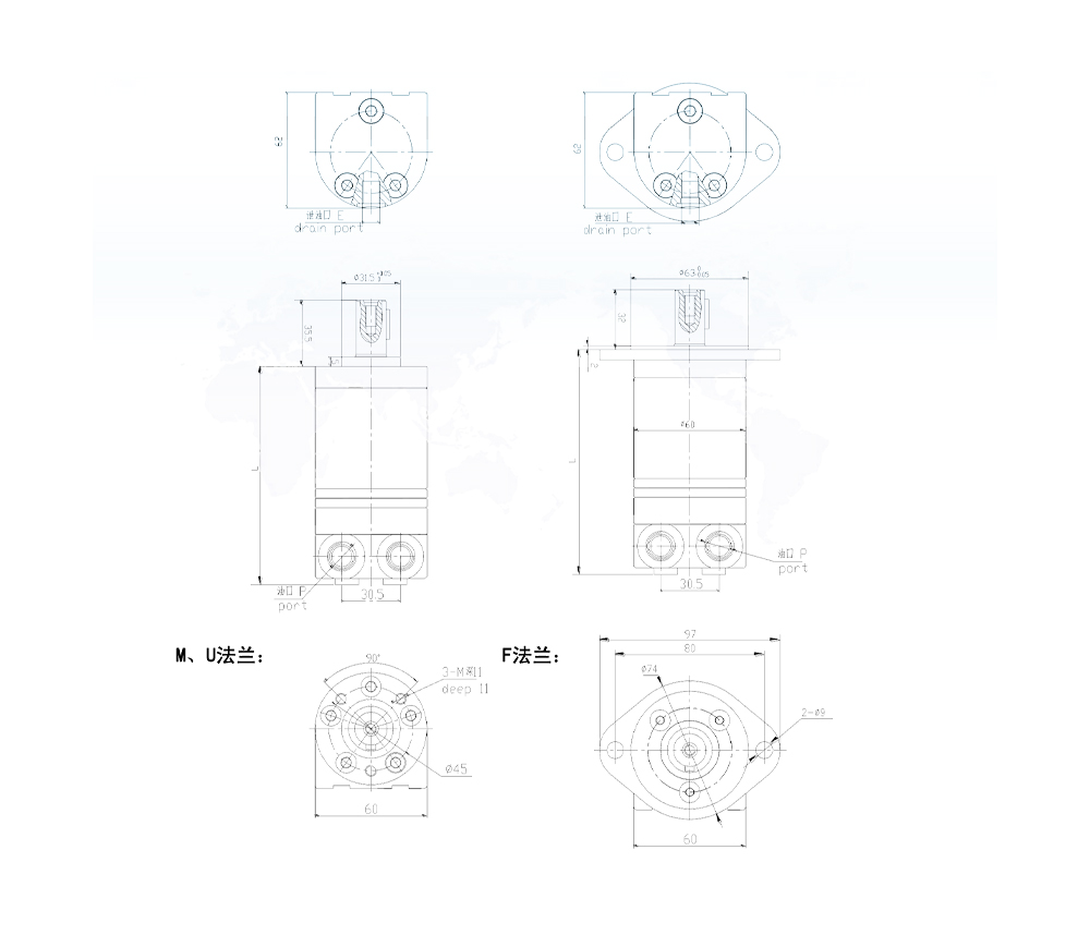 BMM_사이클로이드 유압 모터 8 cc/r 14 Lpm 유압 모터 drawing image