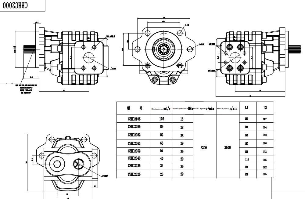 CBHC-2082 82 cc/rev 28 MPa (4061 psi) 유압 기어 펌프 drawing image