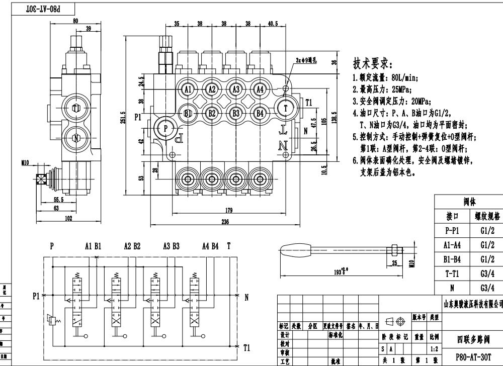 P80-G34-G12-AT-3OT 수동 4 스풀 모노블럭 방향 제어 밸브 drawing image