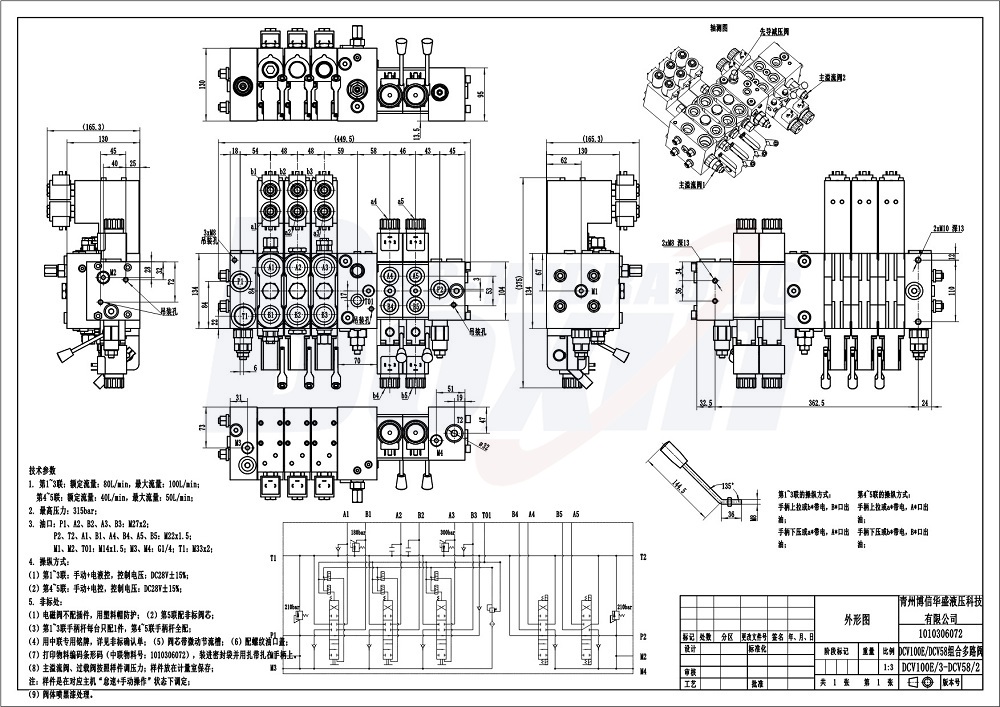 DCV100E 및 DCV58 전기 유압 및 솔레노이드 6 스풀 구역 방향 밸브 drawing image