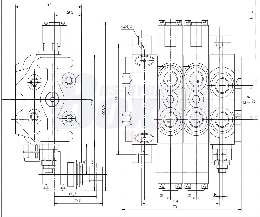 DCV60-FZJ 수동 2 스풀 구역 방향 밸브 drawing image