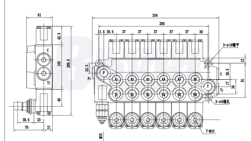 DCV40 수동 6 스풀 모노블럭 방향 제어 밸브 drawing image