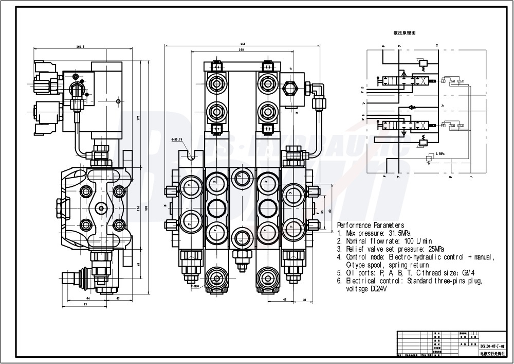 3 Spool Sectional Directional Valve DCV100-OT-J-OT - Global Manufacturer drawing image