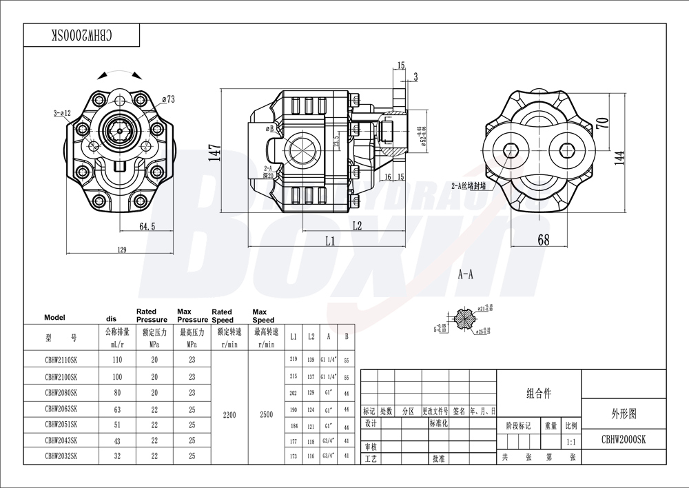 CBHW-UNI-80 80 cc/회전 25 MPa (3625 psi) 유압 기어 펌프 drawing image
