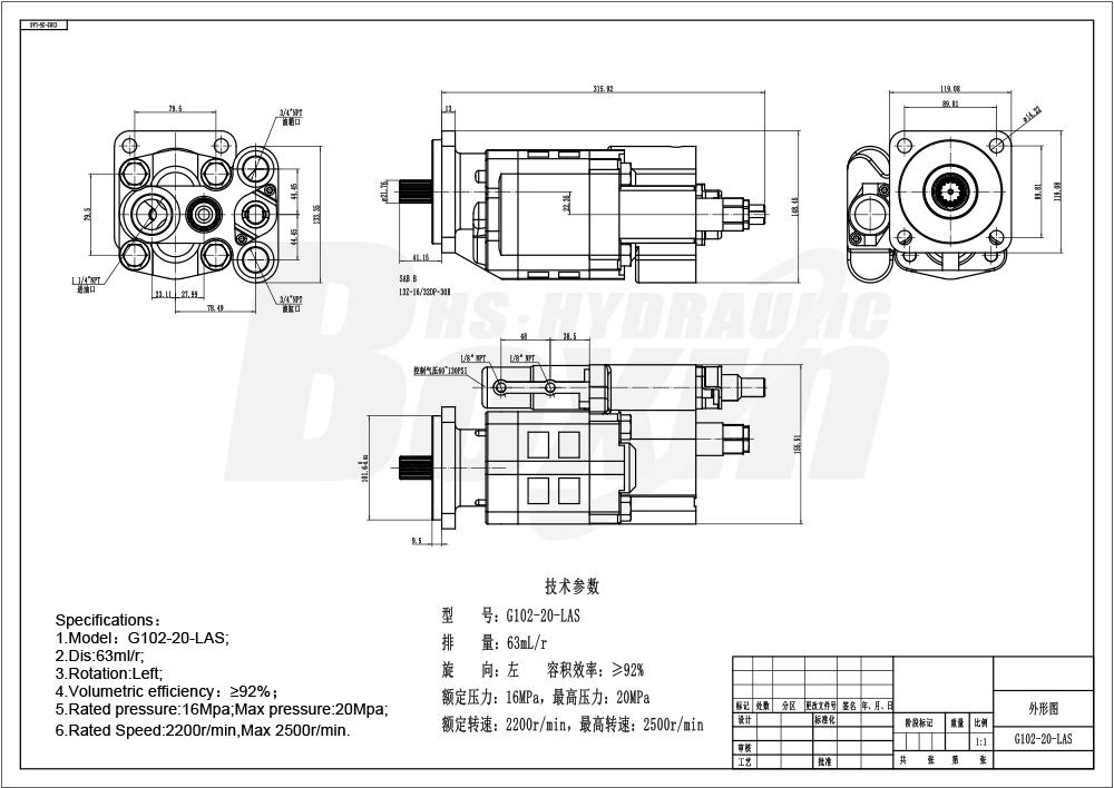 Custom OEM ODM Service for G102-AS 63 cc/rev Hydraulic Gear Pump with Private Labeling drawing image